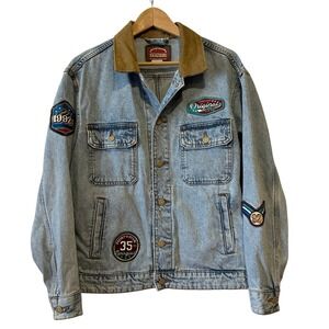 VTG‎ Springfield Denim Jacket S Light Wash Corduroy Collar Patch Trucker Jacket
